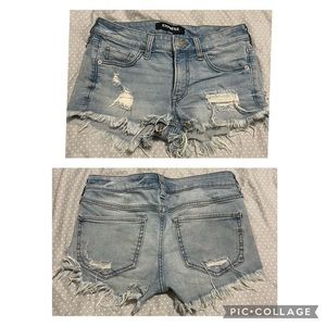 Express light denim frayed, ripped shorts, size 0